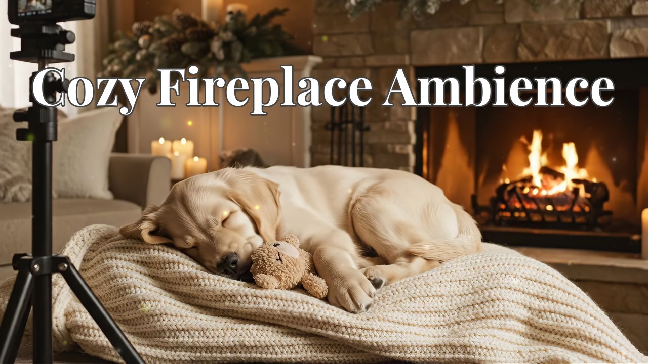 Deep Sleep: Cozy Fireplace Ambience & Soft Puppy Music for Stress Relief 🐾✨