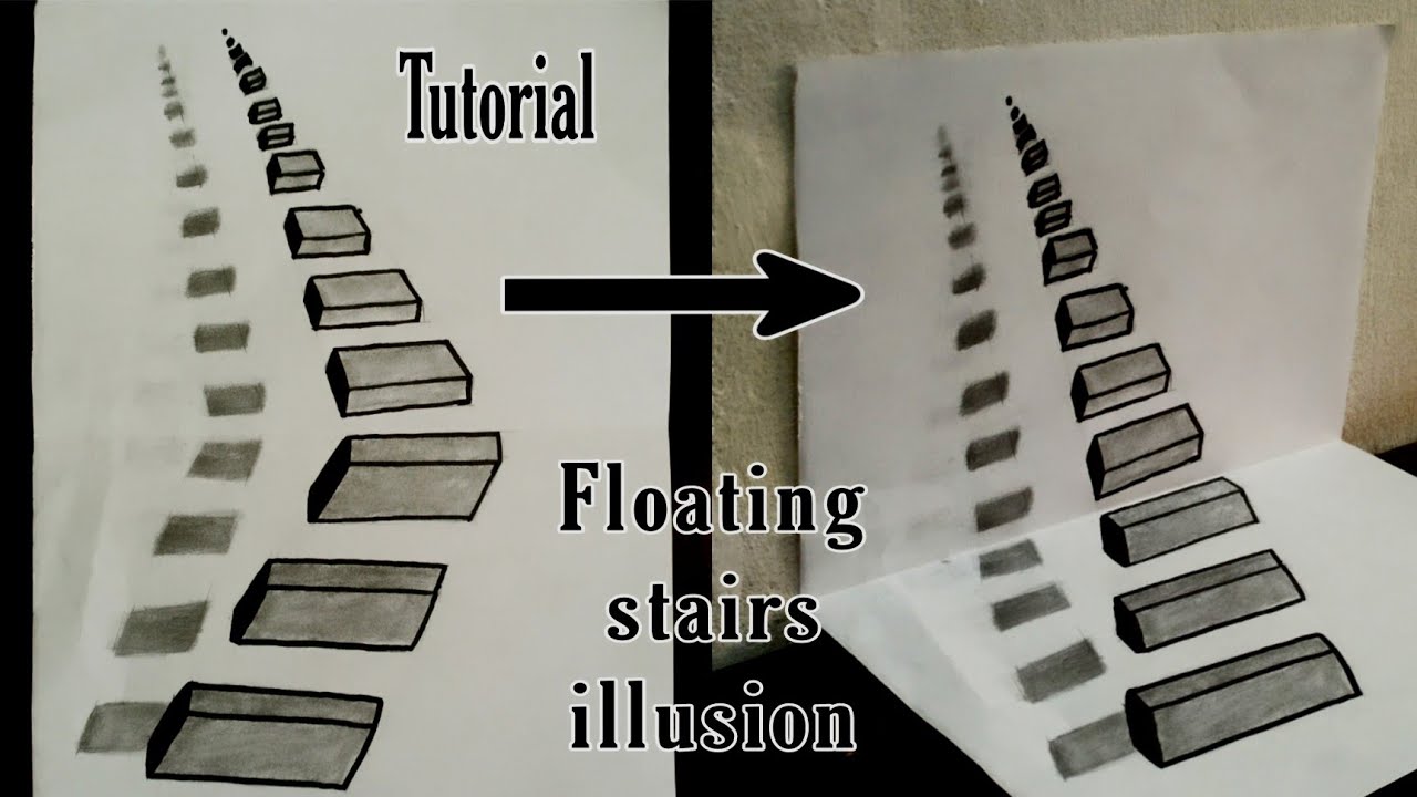 Floating stairs illusion drawing - trick art on paper, How to Draw floating stairs ll abiO art