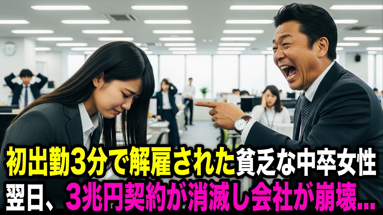 初出勤3分で解雇された貧乏な中卒女性。翌日、3兆円の契約が消滅し会社が崩壊した...【スカッとする話】