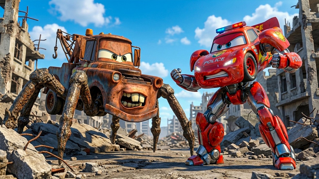 Kitten drives police robot, lightning McQueen and monster truck and giant spider!
