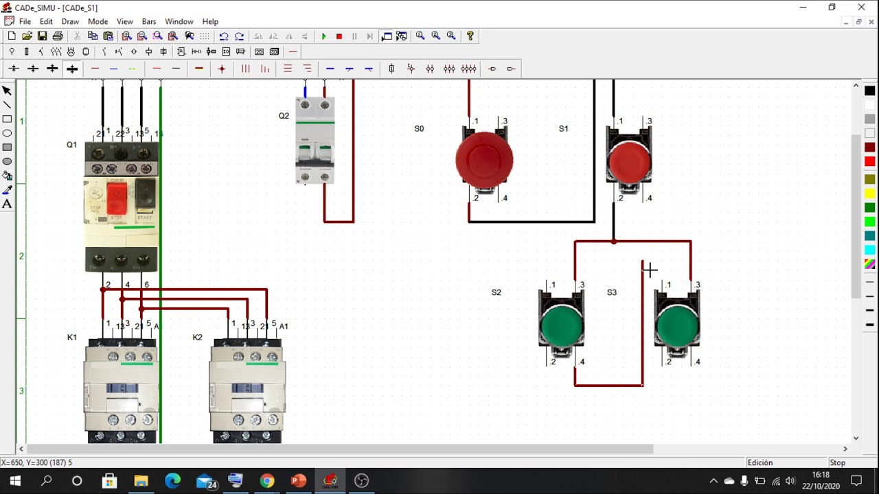 Partida Direta com Reversão Instantânea  2D no CADeSIMU -  Inter travamento de botoeira e elétrico