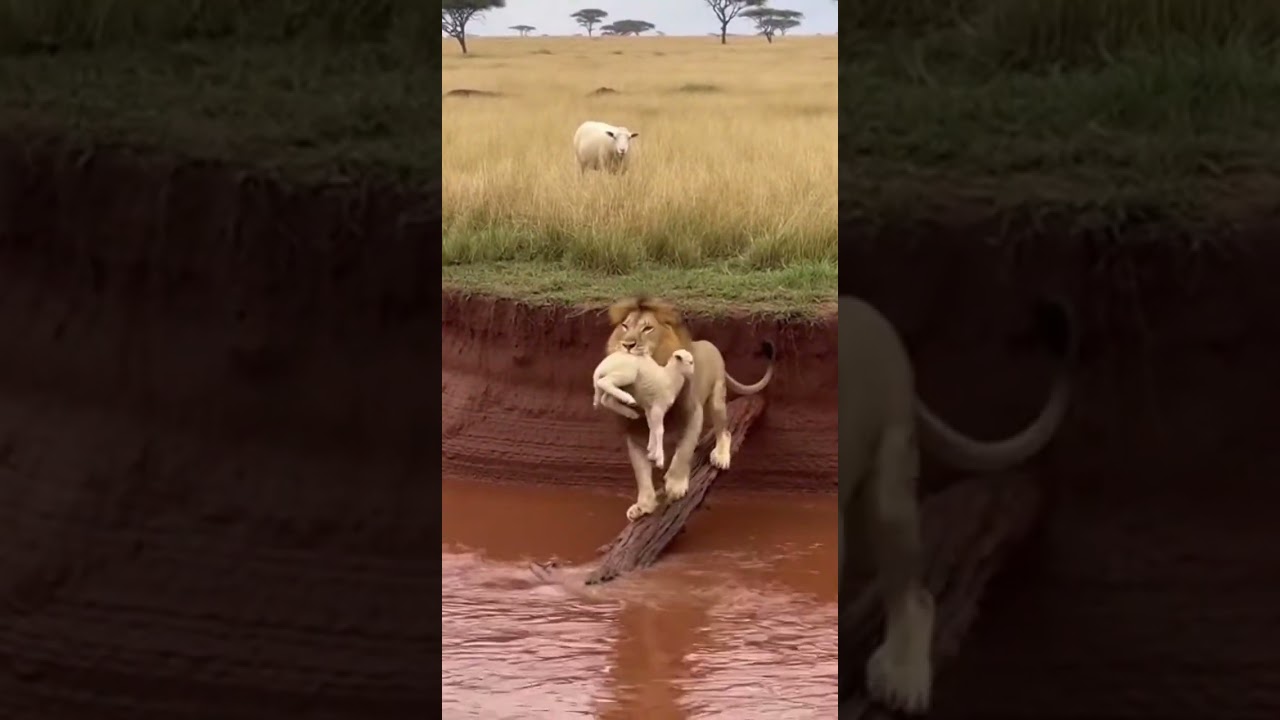 Lion Rescues Lamb from Riverbank — Unexpected Kindness in the Wild