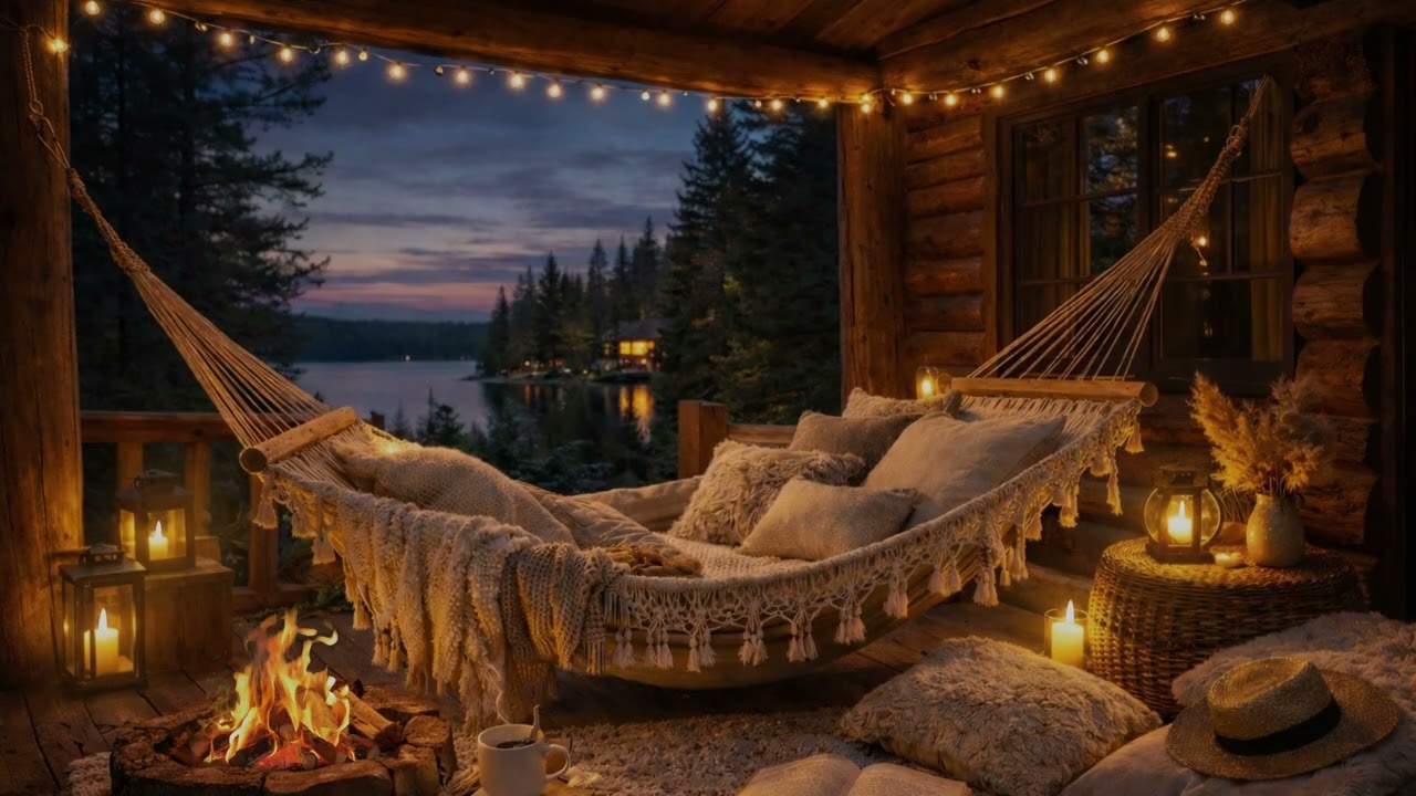 Cozy Cabin Hammock by the Fire pit🍂  Warm Rustic Ambience & Soft Candlelight