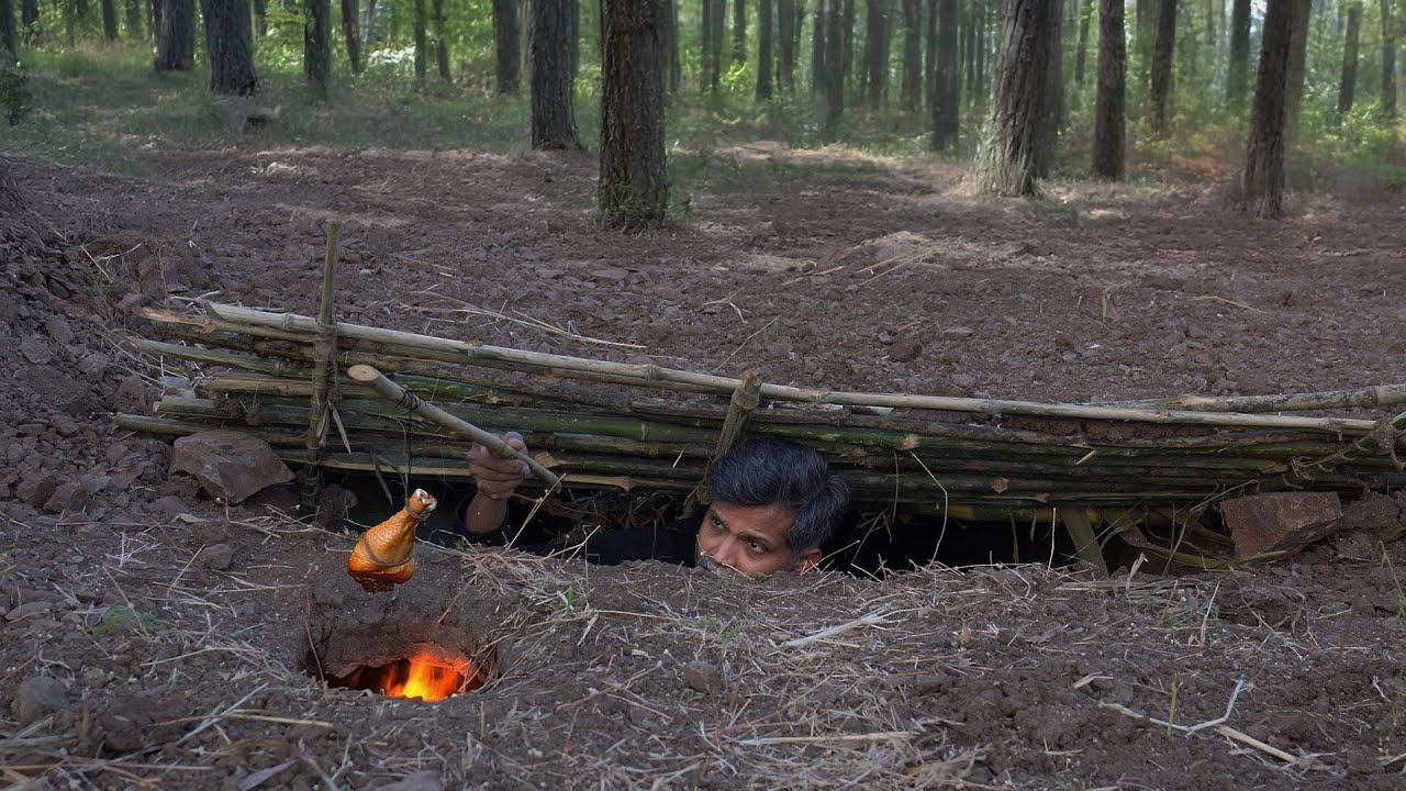 Making underground secret shelter for camping & cooking underground making smoked chicken recipe...
