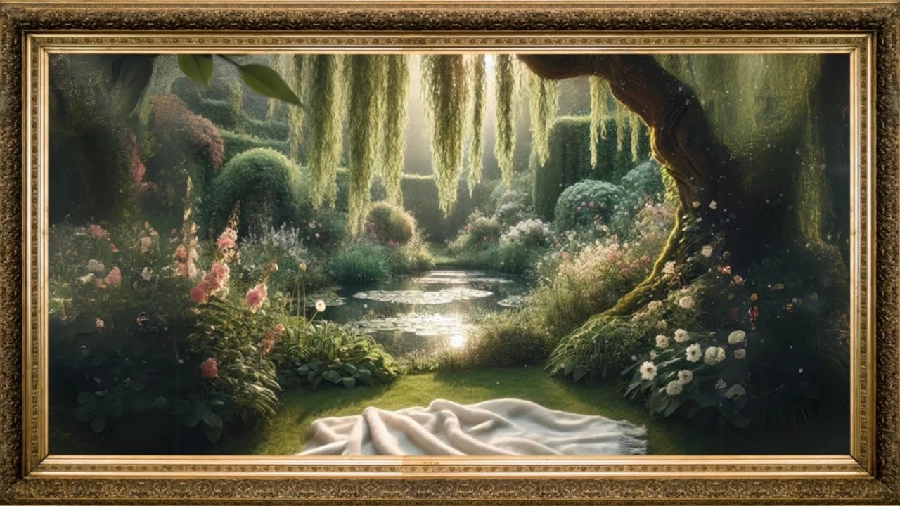 Enchanted Garden Ambience with Soothing Pond & Willow Tree | Relaxing Nature Sounds & Birds Chirping