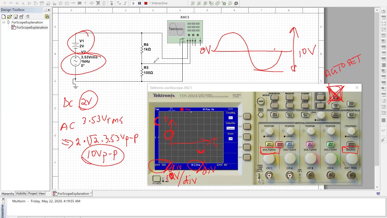 Video for Lab 4 - How to use Tektronix Oscilloscope in Multisim