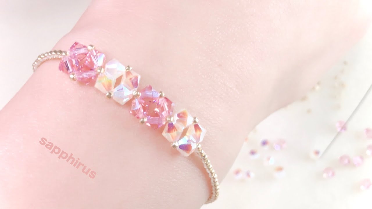 【簡単】4mmのスワロフスキーで作る華奢なビーズブレスレット☆作り方 How to make a beaded bracelet with Swarovski Bicone Easy tutorial