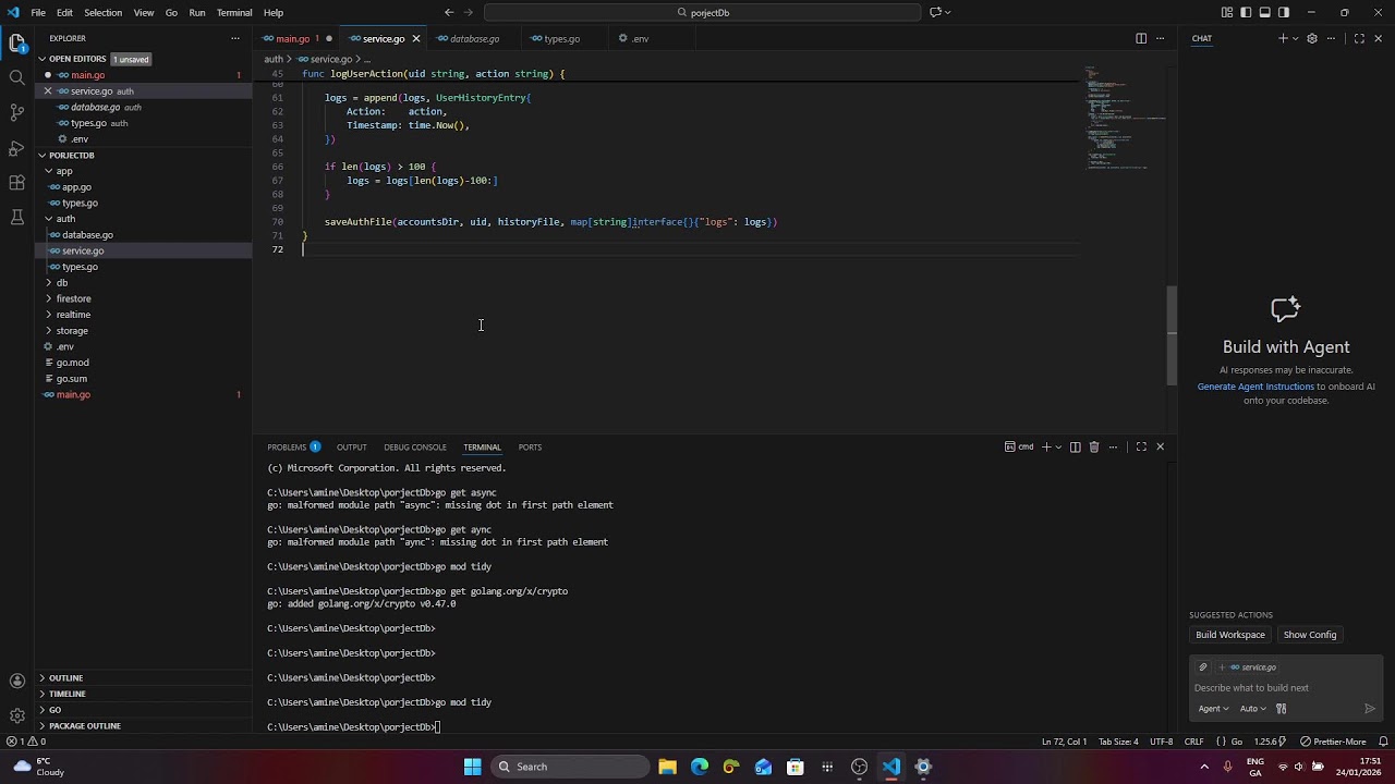 Programming auth part Go build database