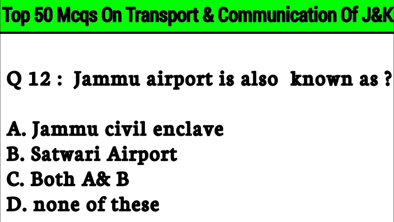 Top 50 Mcqs On Transport &  communication of Jammu & Kashmir |  For Jkssb supervisor | patwari Exam.