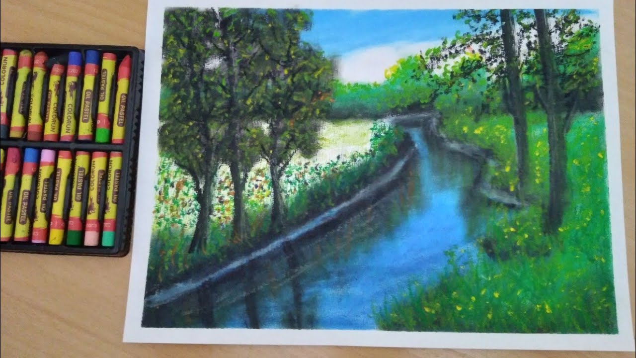 how to drawing a river in the forest/oil pastel for beginners/step by step  كيفية رسم نهر وسط الغابة