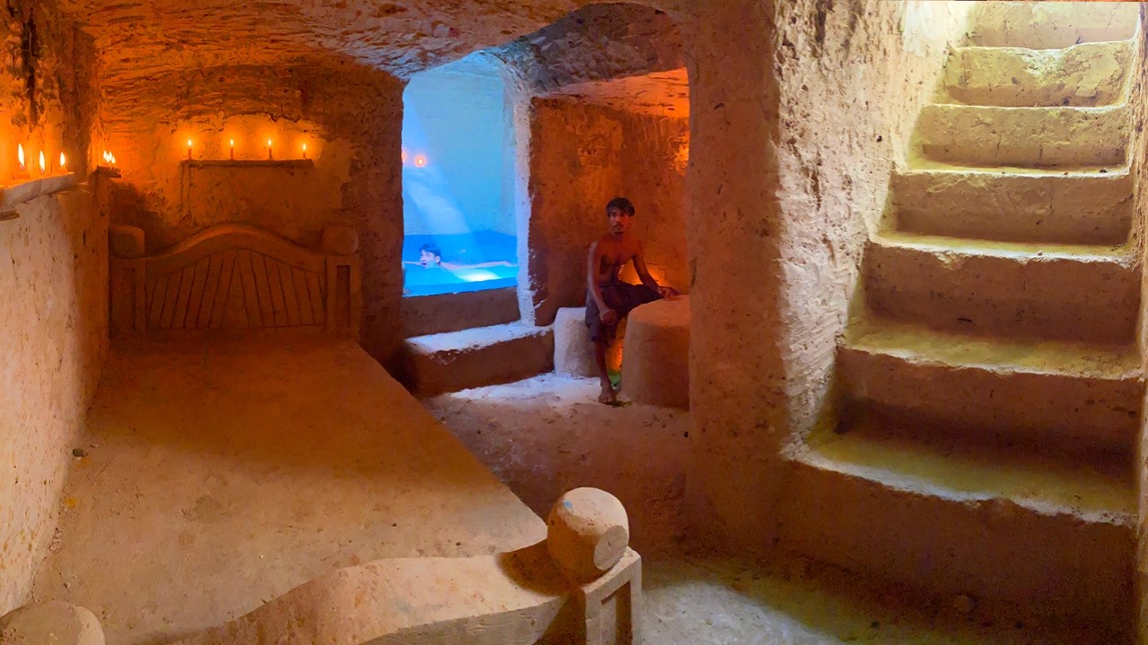 100Days Building Underground House with Swimming Pool And Decoration Underground Room