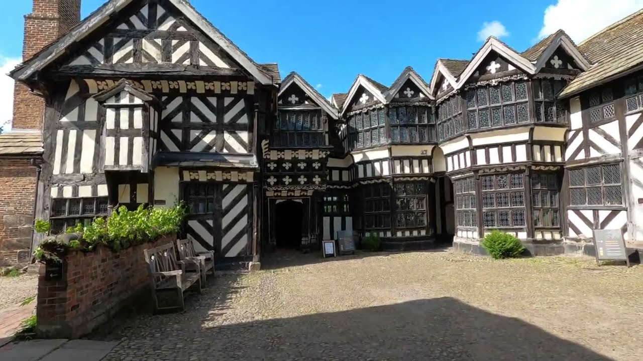 Little Moreton Hall (National Trust) moated half-timbered manor house in Cheshire, England