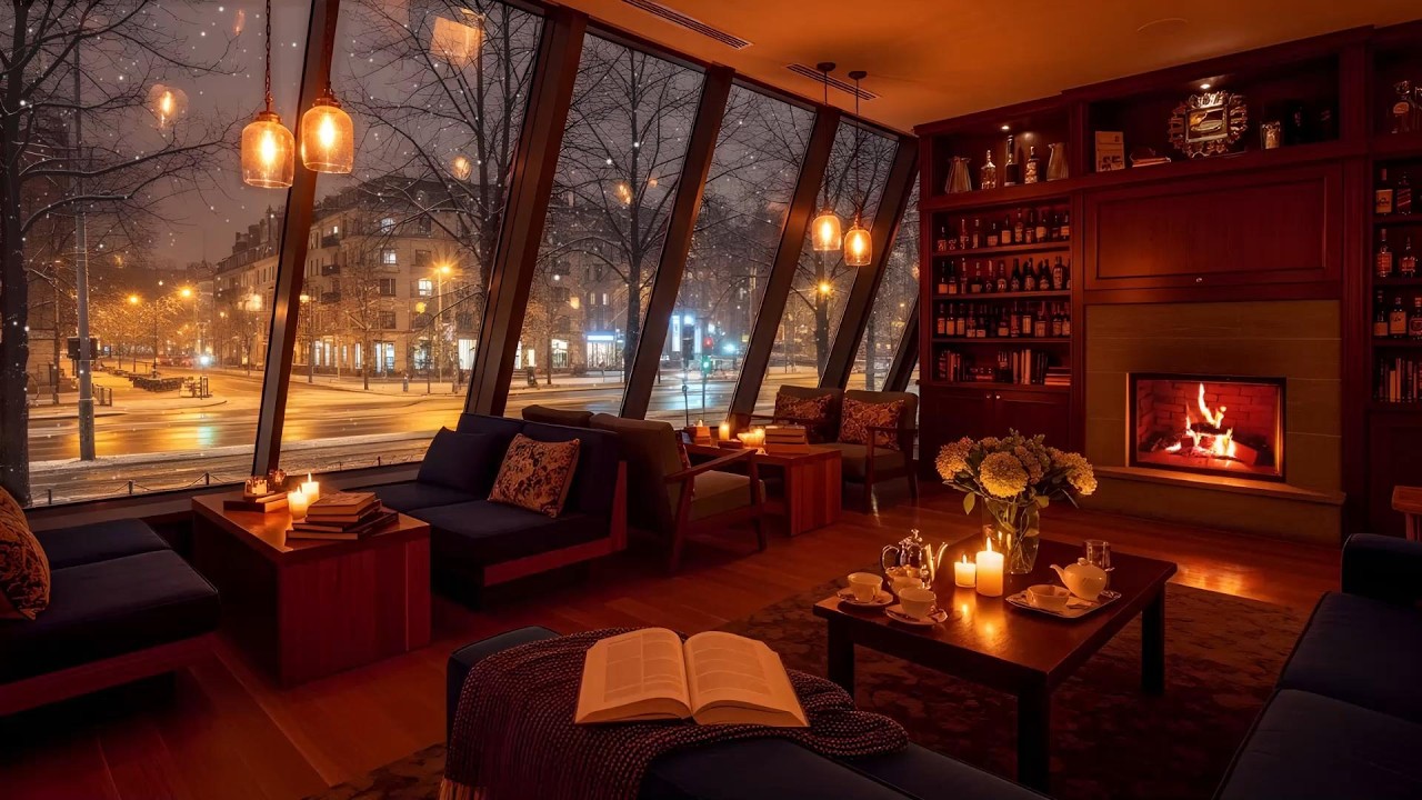 Relaxing Winter Jazz in a Cozy Cafe with Snowfall ☕ Calm Piano Jazz & Fireplace
