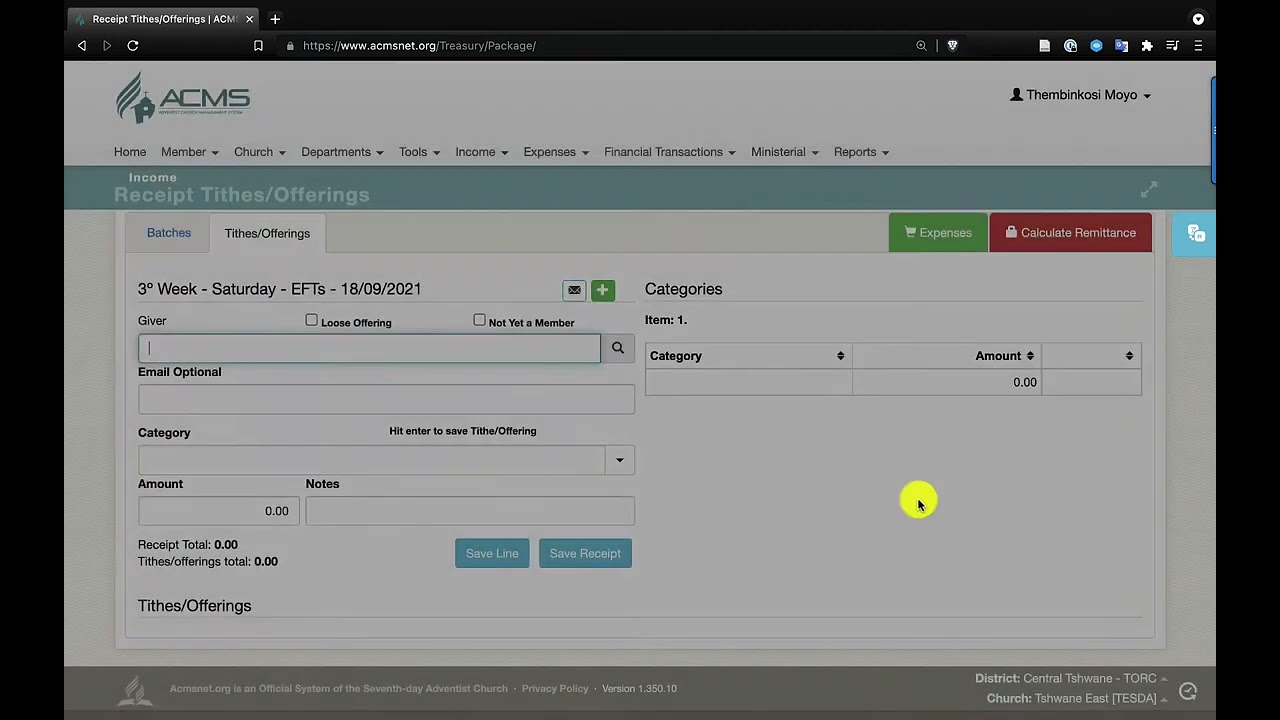 How to process Receipts in ACMS Treasury