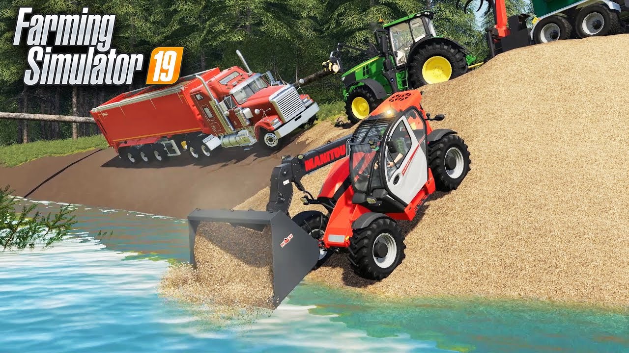 FS19- BRIDGE BUILDING! DUMPING SEMI LOADS OF WOODCHIPS TO FORM THE BRIDGE!