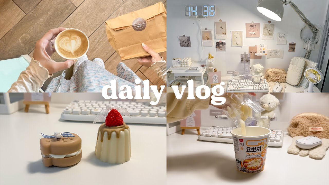 vlog 🍚 caf&eacute; date, decorating my desk, korean market, trying korean food ♡