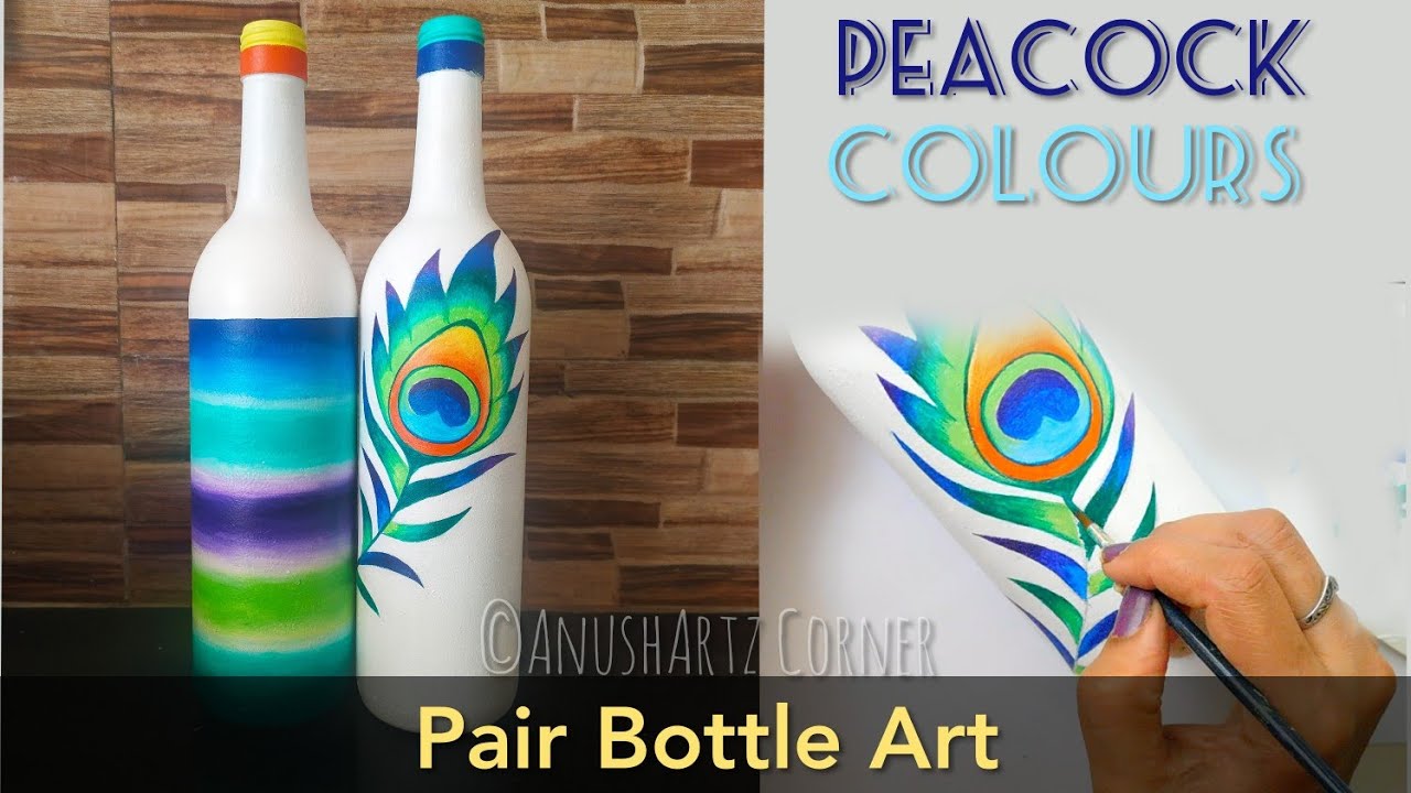 Pair Bottle Art - 05| Bottle Painting using Peacock Colours| Bottle Art using Acrylic colours