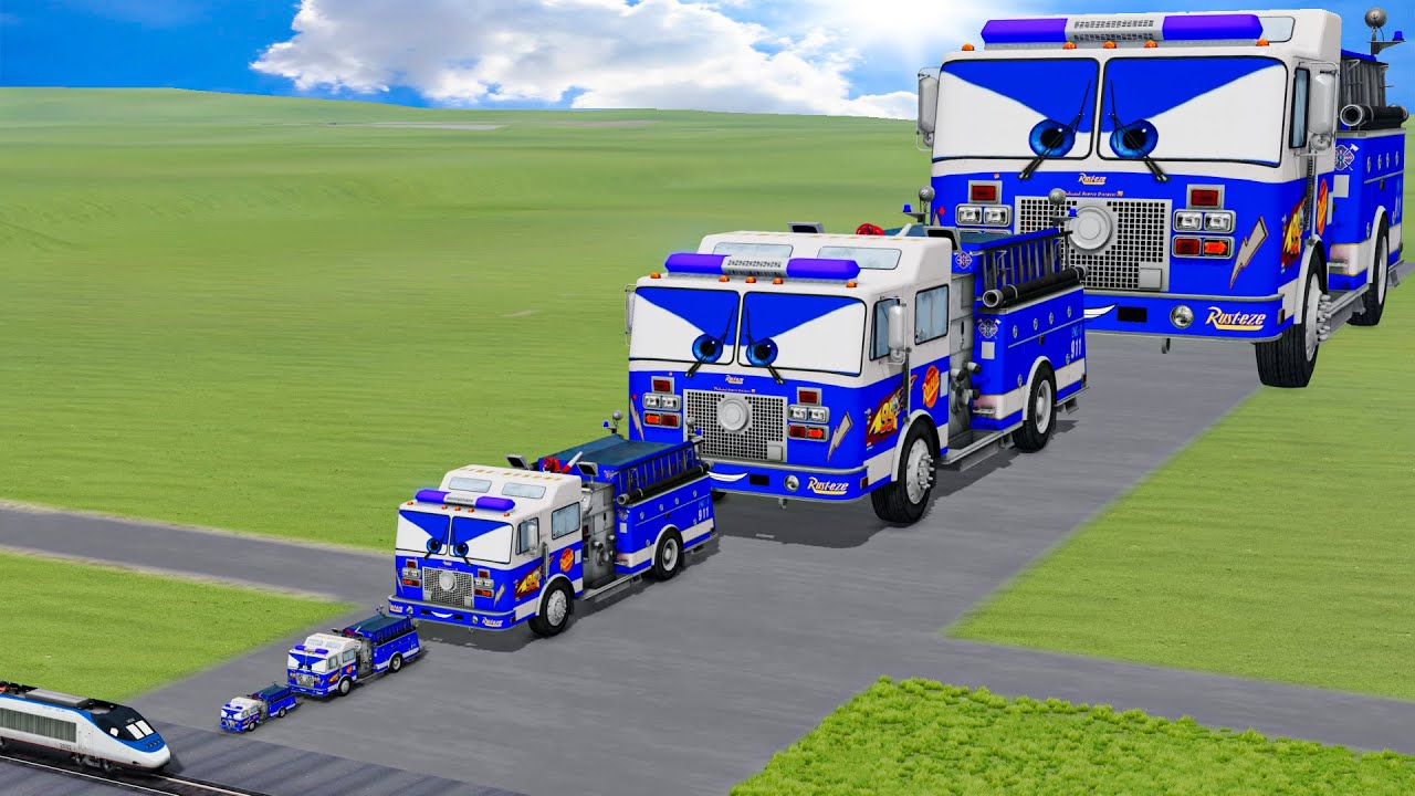 Big & Small Blue Fire Truck Lightning Mcqueen vs Trains Thomas | BeamNG.Drive