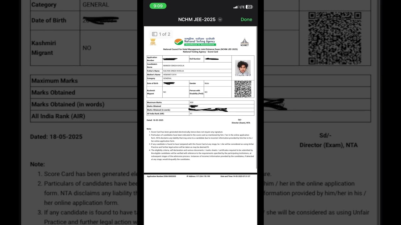 NCHM JEE 2025 Result AIR 91 