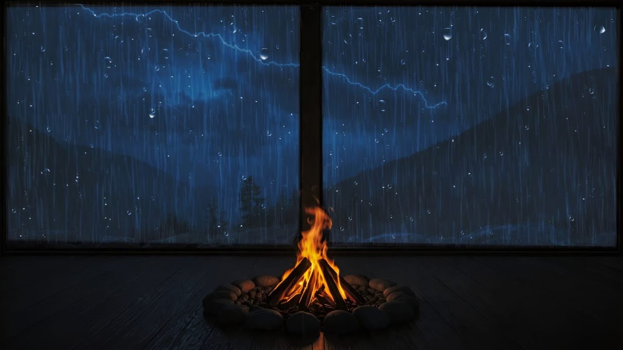 Calm Rain and Thunder Sounds with Cozy Fireplace  Relaxing Storm Ambience for Deep Sleep All Night