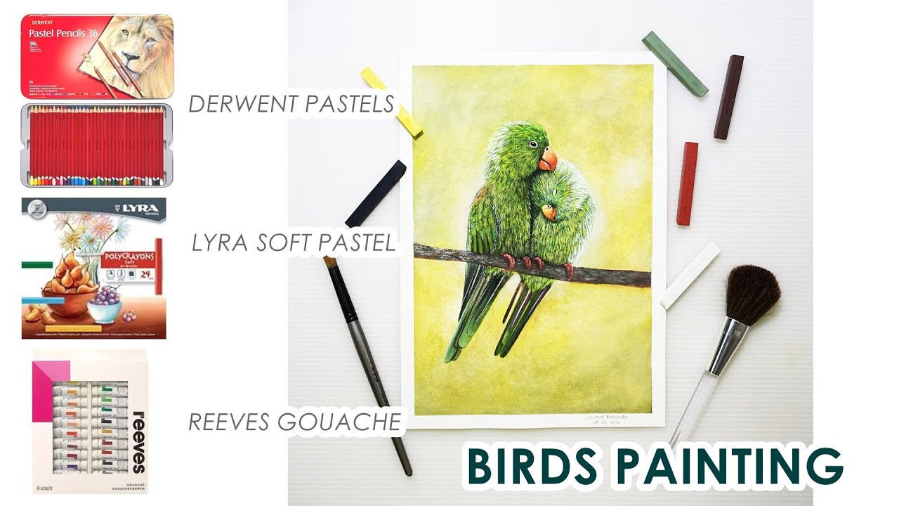 Lyra Soft Pastels | Reeves Gouache | Derwent Pastels - Birds Painting