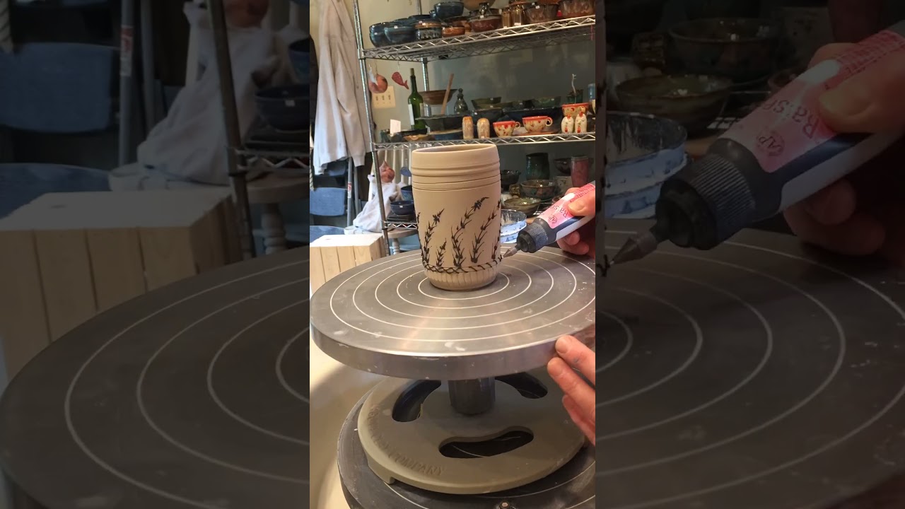 Slip trailing a wheel thrown pottery cup. (In time lapse) #surfacedesign #sliptrailing