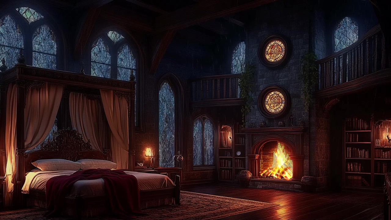 🌙 Stormy Night Rain in a Medieval Gothic Chamber | Warm Firelight Glow | Helps You Focus & Relax