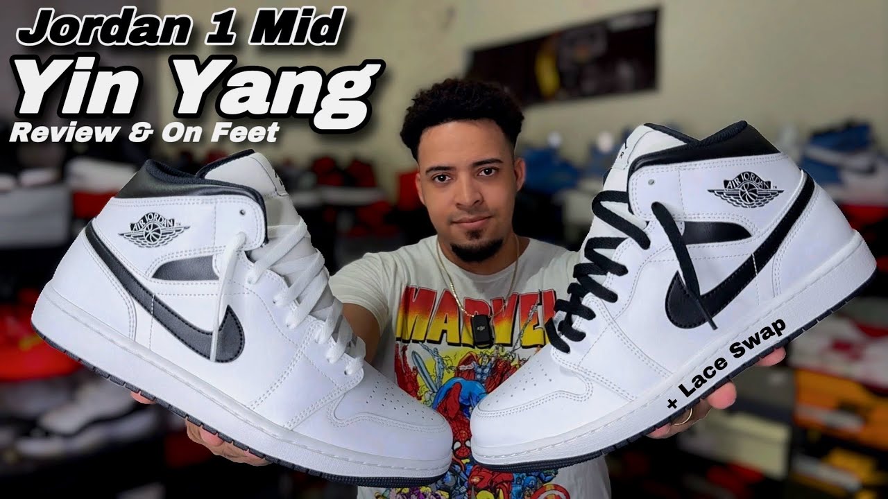 Jordan 1 mid Yin Yang - Review & On Feet + Lace Swap (white black)