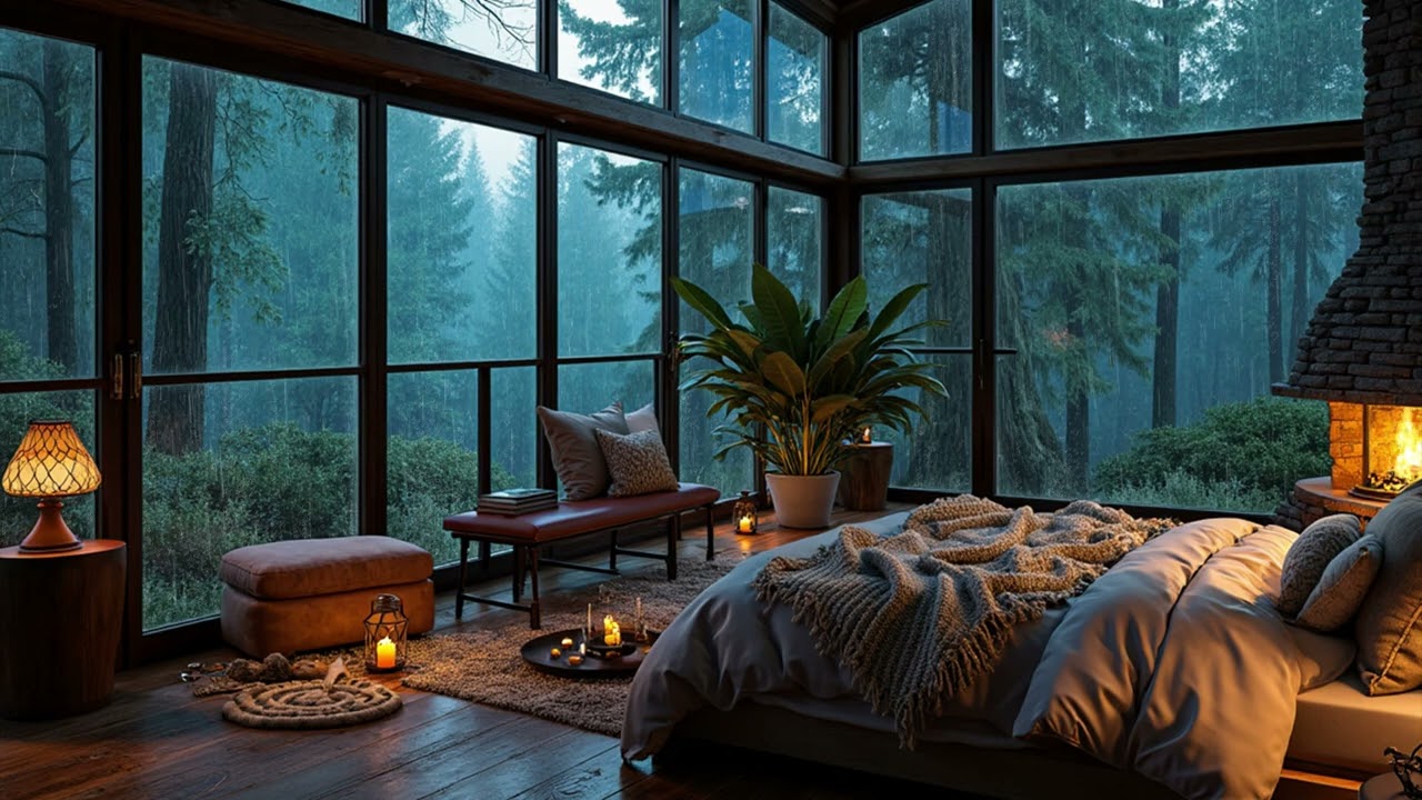 Deep Forest Evening Viewed From Indoors | Fireplace Warmth, Soft Light, and Bedroom Ambience