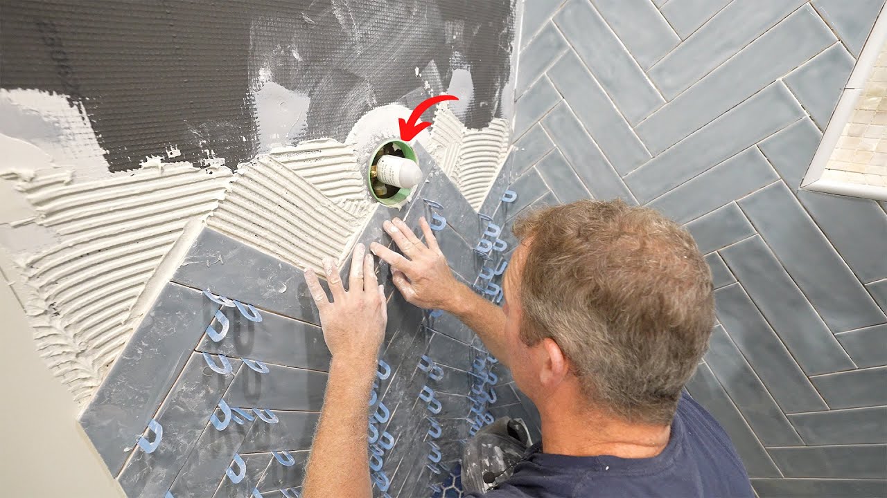 Tile Setting around a Shower Valve | Herringbone Pattern