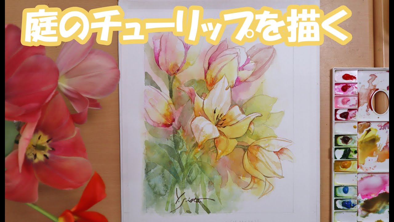 【透明水彩画】庭のチューリップを描く