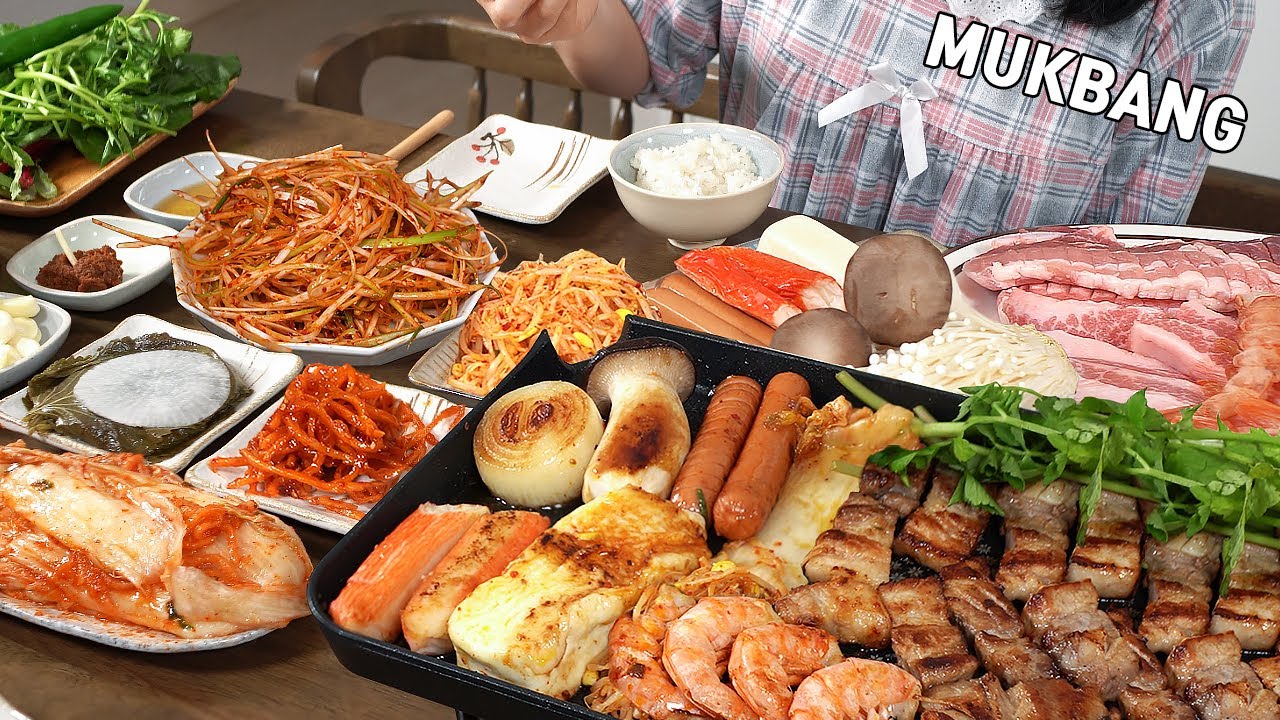 Mukbang :) Самгёпсал очень вкусный | салат из зеленого лука | Жареный сыр.