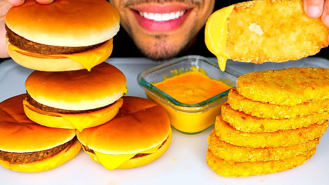 ASMR MCDONALDS CHEESEBURGERS HASH BROWNS WITH CHEESE SAUCE MUKBANG NO TALKING JERRY EATING