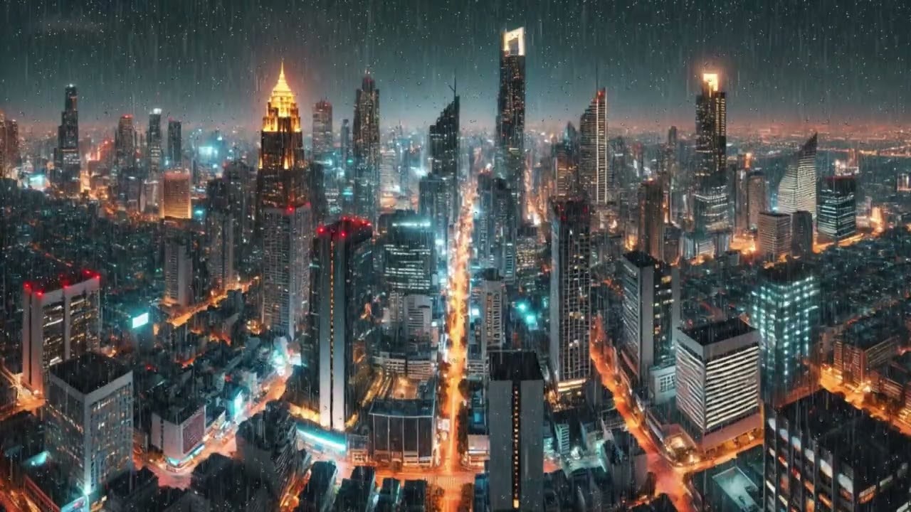 Rainy Futuristic City at Night | Cyberpunk Skyline with Rain Sounds | Ambient Screensaver | 4 Hours