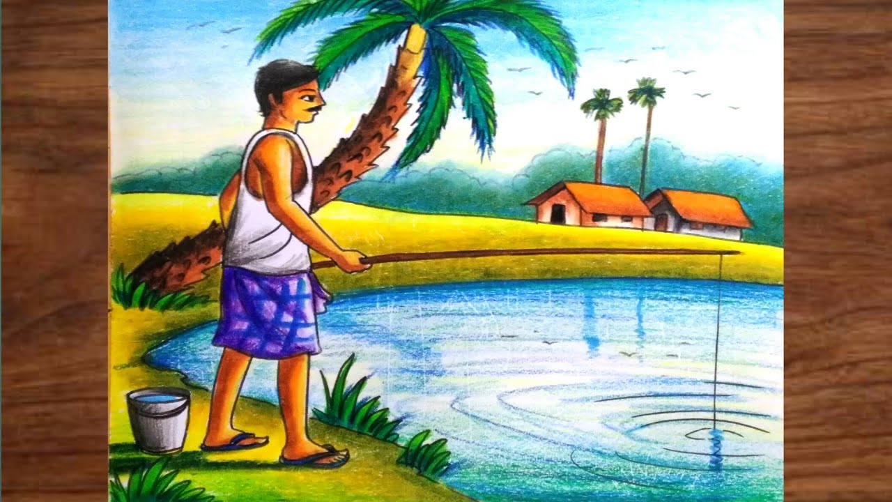 How to draw a man fishing step by step / Fishing scenery drawing for beginners