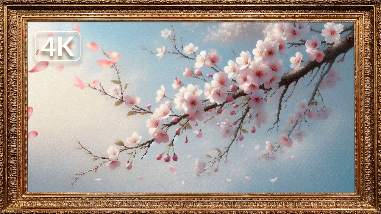 Cherry Branch in Gold Frame 🌸 Falling Petals 4K | TV Art Screensaver 2 Hours