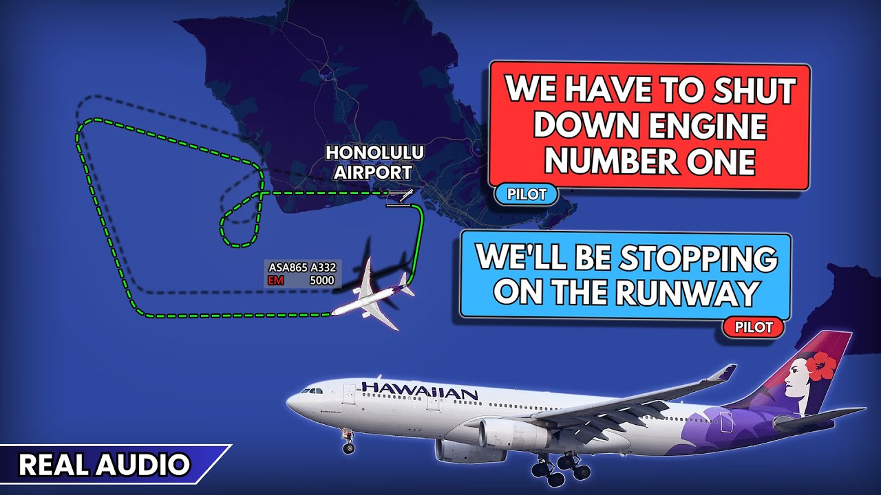Pilots shut down the engine after takeoff. Single engine landing at Honolulu Airport. Real ATC