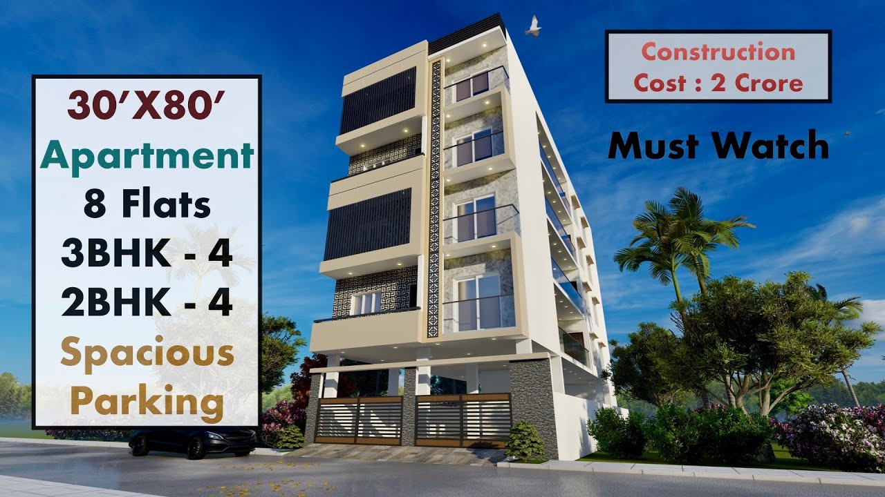 30'X80' Apartment Design with 8 Flats | 2400 Sqft Plan with Spacious Parking