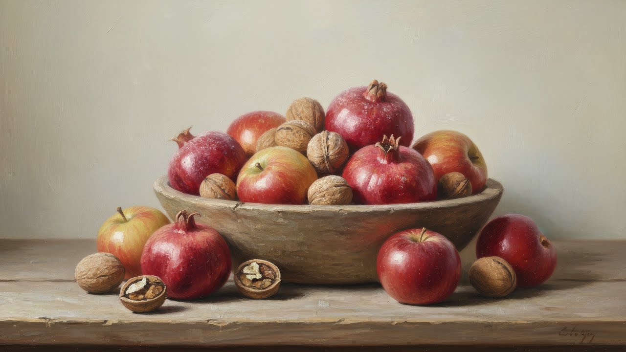 4K Wallpaper - Still Life Apples Pomegranates Walnuts in Rustic Bowl - Homely Charm