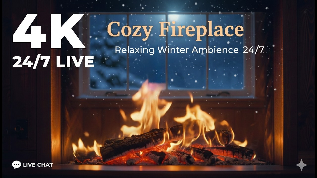 4K Cozy Winter Night Fireplace ❄️ Relaxing Ambience with Music 24/7 Live