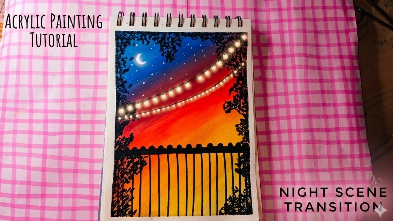 Satisfying Sunset Painting 🎨 | Night Sky Silhouette with Fairy Lights | Acrylic Night Landscape