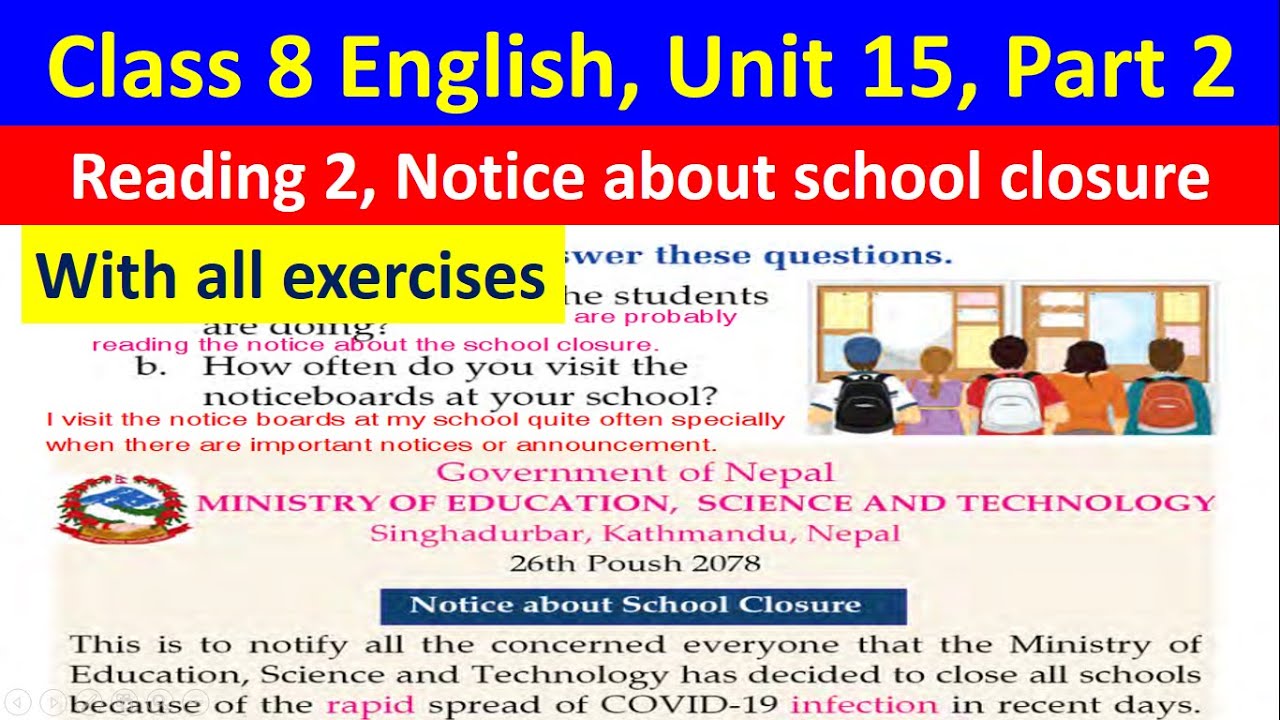 Class 8 English unit 15/ Reading 2 / with all exercise// Notice about school closure