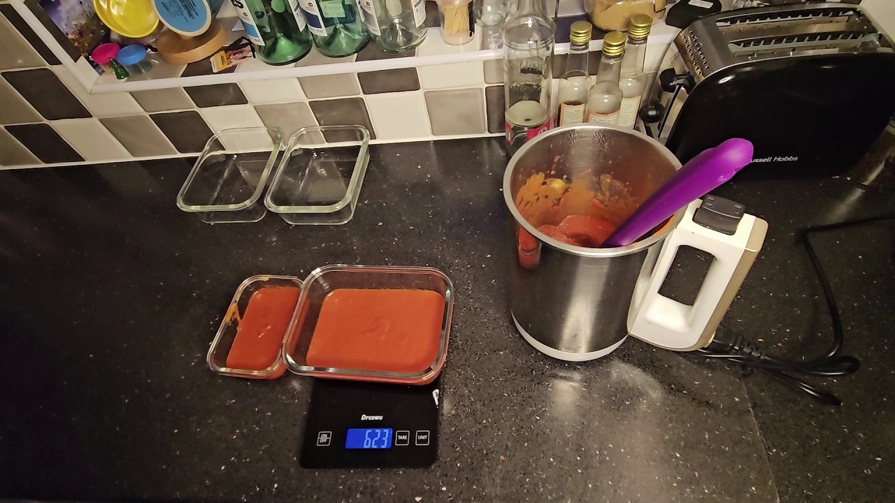 Flame grilled red pepper soup, split into three different results.