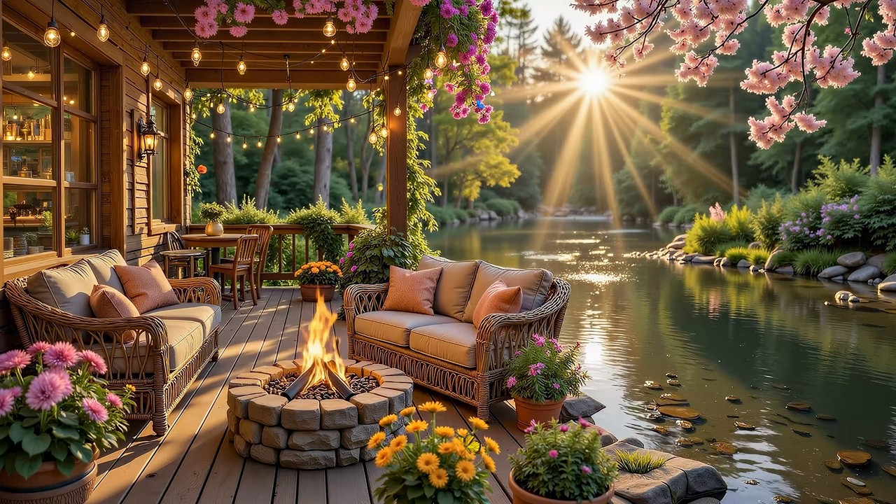 Gentle Piano Music & Cozy Fireplace Sounds for Spring Day 🌺 Cozy Lakeside Cabin Ambience