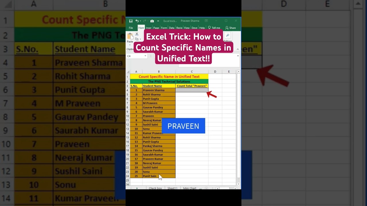 Excel Trick: How to Count Specific Names in Unified Text!!