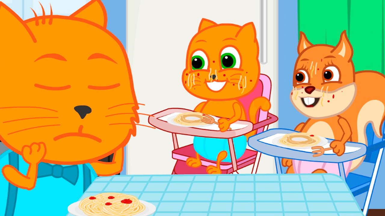 Família de Gatos - Almoço Com Macarrão Wok Desenho Infantil em Português