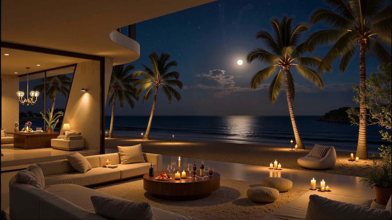 🌙 Smooth Jazz at a Cozy Oceanfront Lounge with Candlelight on a Tropical Night 🌴