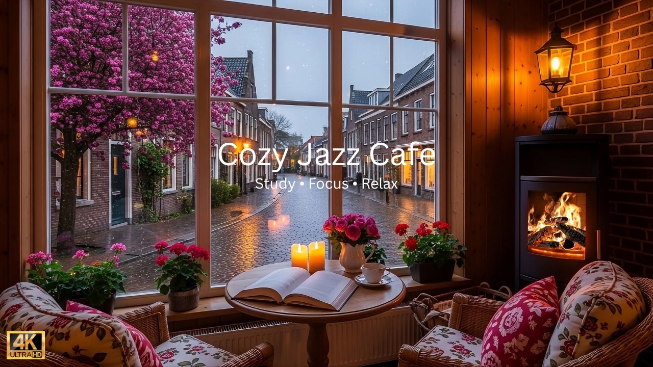Relaxing Cozy Jazz Cafe ☕ Fireplace Ambience for Study, Work & Focus