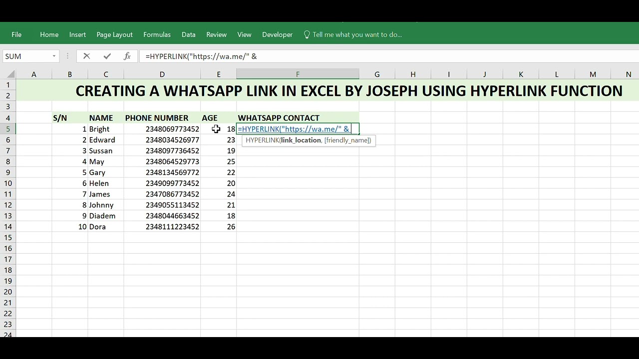 HOW TO CREATE A WHATSAPP CLICKABLE LINK IN EXCEL USING HYPERLINK FUNCTION