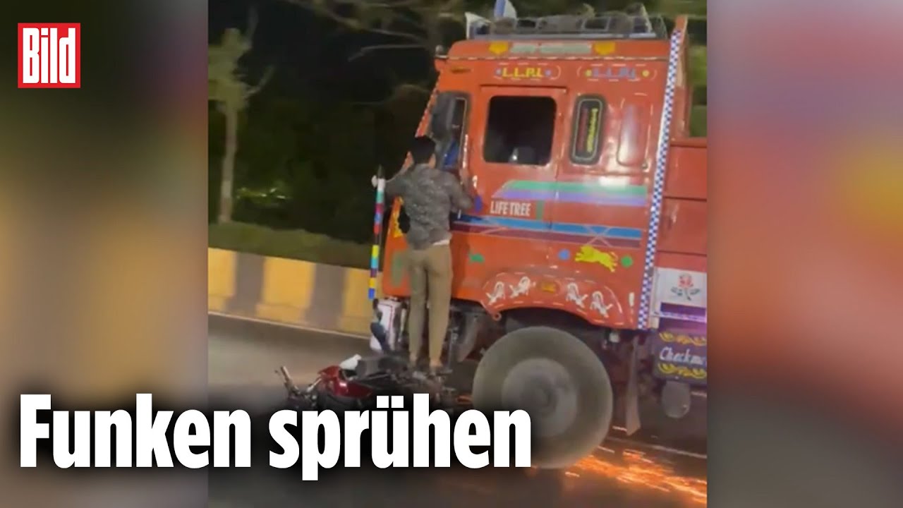 Lkw schleift Motorrad mit